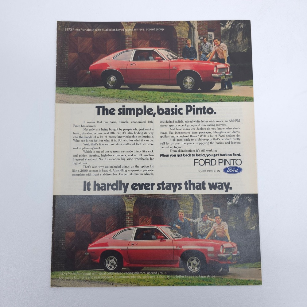 1973 Ford Pinto Runabout Vintage Print Ad Basic Pinto Retro Car Promo Wall Art